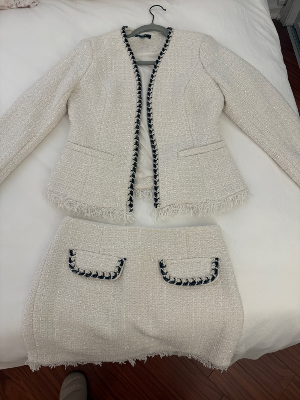 Aqua Ivory Tweed Fringe Jacket and Skirt Set with Black Trim
